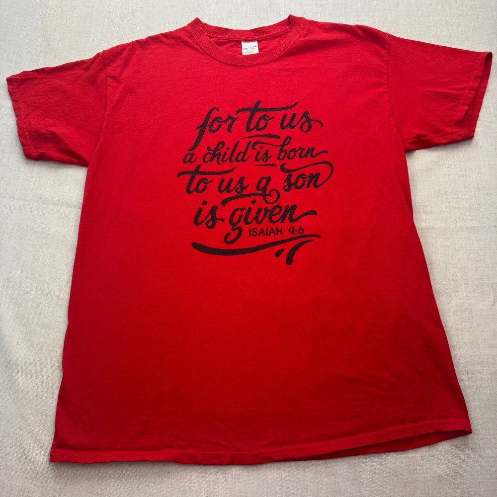 Gildan Heavy Cotton Red Isaiah 9:6 Bible Verse Graphic T-Shirt Mens Large